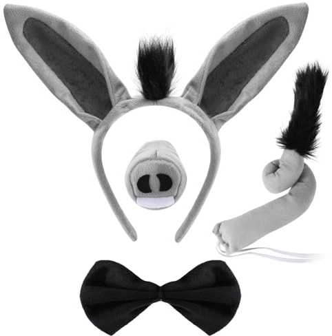 4Stk Esel Kostüm Set, Esel Ohren Haarreif und Schwanz Nase Fliege Set, Esel Tier Verkleidung Outfit Tier Kostüm Zubehör für Kinder Erwachsene für Cosplay Halloween Karneval Geburtstag Thema Party