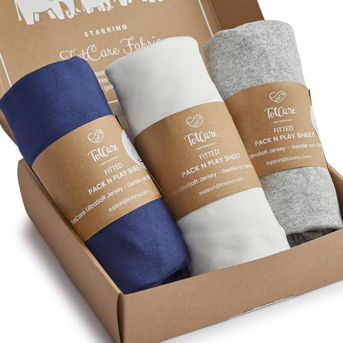TotCare Pack and Play Spannbettlaken, kompatibel mit 4moms Breeze Plus Laufgittermatratzen und anderen großen Laufgittermatratzen, butterweiche Jersey-Baumwolle, Grau + Marineblau + Wolke, 3 Stück