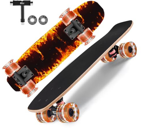 GIEEU Skateboards mit bunten blinkenden Rädern für Anfänger, Kinder, Jugendliche, Erwachsene, komplettes Standard-Skate-Boards mit 9 Schichten, kanadisches Ahorn-Deck (X-Fire)
