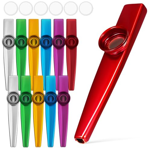 12 Pack Metal Kazoos: Multipack Kazoo Musical Instruments with 12 Flute Diaphragm - Compact and Lightweight - Musical Instruments for Adults, Kids, Beginners Birthday Party Favors(Assorted Color)