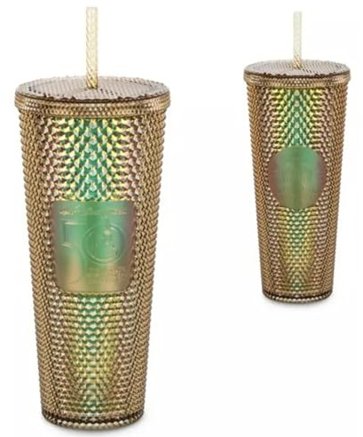 Starbucks Magic Kingdom 50th Anniversary Gold 24oz Studded Cold Cup Tumbler With Straw