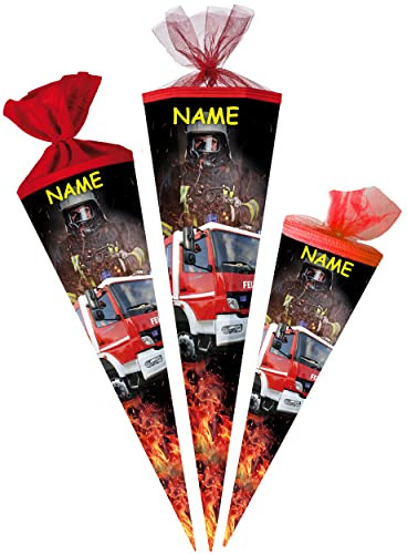 alles-meine.de GmbH Schultüte - Feuerwehr & Feuerwehrmann 35-85 cm Größe wählbar inkl. Name - Zuckertüte - Tüllabschluß/Filzabschluß - eckig/rund - Jungen - klein & g..