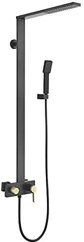 Duschsystem mit Wannenauslauf, Duscharmatur mit Handbrause und Regenduschkopf, Duschkombinationsset, wandmontiertes Wannen- und Duschgarnitur-Set, heißes und kaltes Wasser, Schwarz