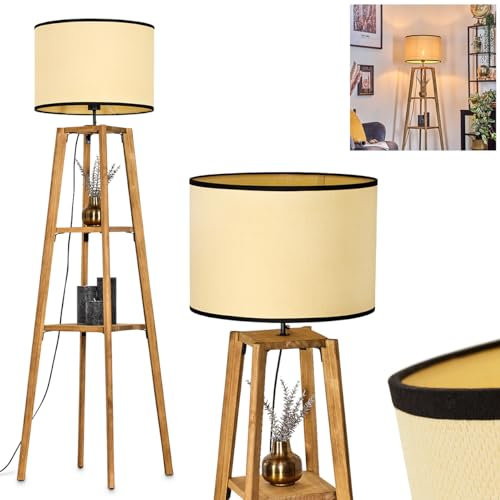 Stehleuchte Chellas, Stehlampe aus Holz/Stoff in Natur/Beige/Schwarz, Leuchte im skandinavischen Design mit rundem Schirm (Ø 40cm), Ablageflächen u. Fußschalter, Höhe 151cm, 1x E27, ohne Leuchtmittel