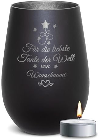 PR Print Royal Schwarzes Windlicht mit Gravur - Für die liebste Tante - mit Name Personalisieren - Geschenke für Tante | Individuelle Gravur inkl. Teelicht, 450 ml, Innen Silber