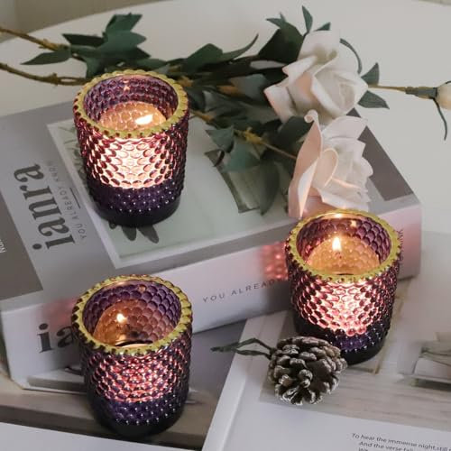 Vohocandle Violette Teelichthalter mit Goldrand, Halloween-Teelichthalter, Vintage-Teelichthalter mit Wabenmuster, für Partys und Raumdekoration (5,5 cm D x 6 cm H)