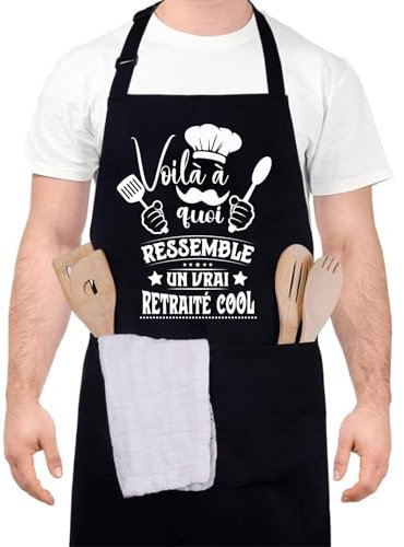 Halinuia Tablier Personnalisé Homme Femme - Voilà à quoi RESSEMBLE UN VRAI RETRAITÉ COOL, Tablier Humour Drole Rigolo Barbecue, Étanche Réglable Tablier de Cuisine Professionnel
