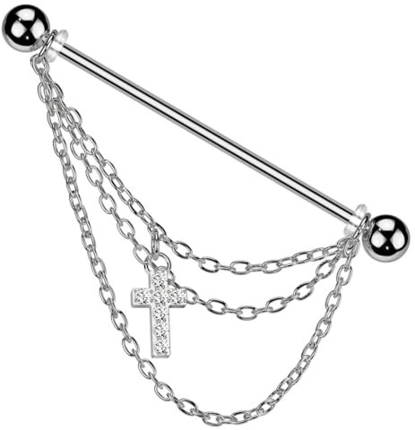 beyoutifulthings Industrial-Piercing Dreier-Kette Pavé Kreuz Silber Clear Industrial-Barbell Industrial-Bar Chirurgenstahl Stab-länge 38-mm