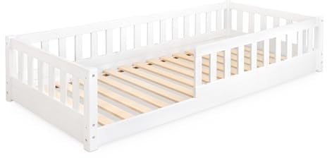 Ehrenkind® Bodenbett Lille | Kinderbett mit abnehmbaren Rausfallschutz aus Massivholz FSC® zertifziert inkl.hochwertigem Lattenrost | Bodenbett 90x200 | Kinderbett 90x200 Weiß
