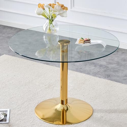 LUFTUT Round Glass Dining Table,40 Round Kitchen Table for 2-4,Tempered Glass Round Dinner Table with Gold Stainless Steel Pole Support,Gold Dining Room Table for Apartment,Living Room(30 H