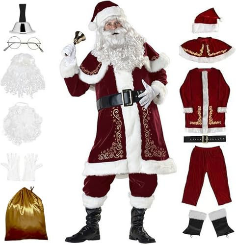 Licus Weihnachtsmann Kostüm Deluxe für Männer Erwachsene, 12-Teilig Nikolauskostüm Santa Claus-Erwachsenenkostüm Cosplay Party Karneval (Weihnachtsrot, 2XL)