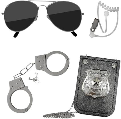 Lufdegim Polizei Kostüm Handschellen Zubehör, Polizei Zubehör Set Kostüm Ausrüstung mit Sonnenbrille, Handschellen und Abzeichen Rollenspiel Zubehör, für Karneval Mottoparty Rollenspiele zu spielen