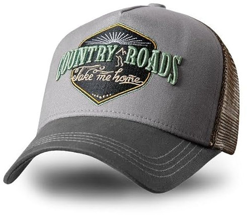 STARS & STRIPES Western-Mode Trucker Cap Country Roads – Grau mit Bestickung & Mesh-Einsatz | Verstellbare Snapback-Cap