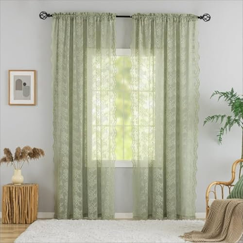 Sage Green Curtains 132 inches Long 2 Panels Cottage Flower Patterned Lace Sheer Curtains Rod Pocket Extra Long Filtering Boho Floral Drapes for Villa Patio Sliding Door 11 FT 52 W x 132 L