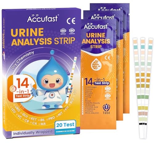 Accufast Bandelettes de Santé Test 14 indicateurs | 20 Emballage individuel | Test de Bandelettes de Santé 14 paramètres avec carte couleur - Résultats rapides et précis