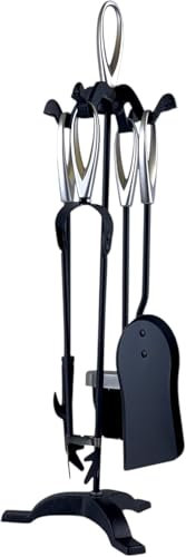 5 Pieces Companion 24 Set Fireside Fire Tools Fireplace & Accessories Black and Brass Stand Tongs Shovel Brush Chimney Poker (Black&Silver Brass/Nickel)