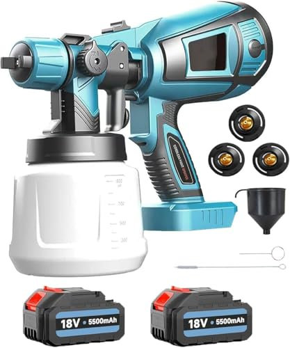 Akku Farbsprühsystem, Ersatz für Makita,mit 2x5500mAh Batterie und Ladegerät, Lackierpistole zum Streichen von Wänden, Decken, Sprühgerät 1000ml Abnehmbarer Behälter