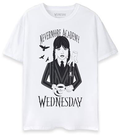 Wednesday Women's Graphic Tee | Nevermore Academy White Classic Top | TV Programme Crew Neck Shirt Addams Short Sleeve Apparel | Plain Pull-On Casual Wear for Women
