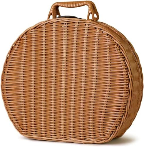 Homeily Rattan Suitcase Basket, Vintage Round Wicker Storage Box Handle
