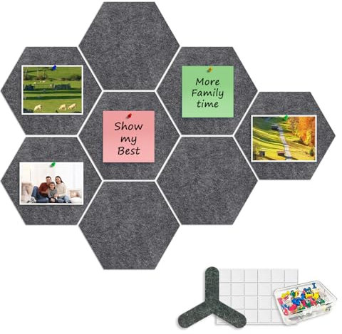ANLIOTE 8 Pack Hexagon Felt Cork Board with 80 Push Pins, 12mm Thick Felt Bulletin Pinboard with Adhesive Tabs, Geometric DIY Cork Board Wall Tiles for Home Office Classroom (Dark Grey)