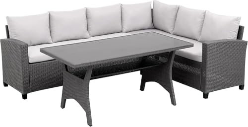 GYDUHYE Gartenmöbel für den Außenbereich, geformtes Rattan-Gartenmöbel, Esstisch, Eck-Esstisch mit Sofa, Sitzgelegenheiten bis zu 6 Stück, 2,36 m x 1,79 m