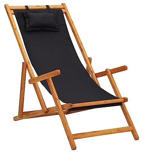 CINDERFUL Strandstuhl Klappbar Massivholz Eukalyptus und Stoff Schwarz Gartenmöbel Gartenstühle