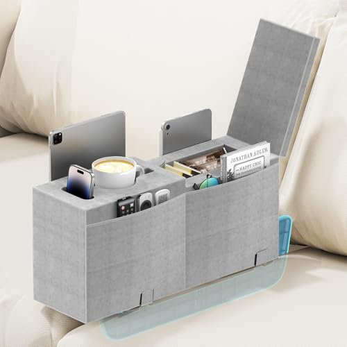 Heyife Bandeja de Brazo para Sofá, Gran Extraíble Posavasos Brazo Sofa, Accesorios Reposabrazos sofá con 4 Bolsillos Laterales, Organizador Reposabrazos para Mando/Gafas/Teléfono - Altura 24 cm