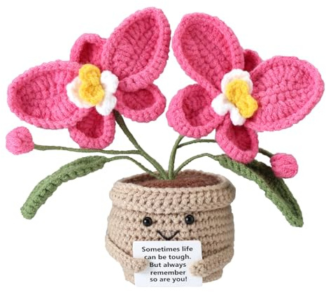 TOYMIS Gehäkelte Orchidee, Positive Gestrickte Orchideenblume Emotionale Puppenunterstützung Gehäkelte Blume mit Positiver Nachrichtenkarte als Aufmunterndes Geschenk Heimbüro Dekor (Pink)