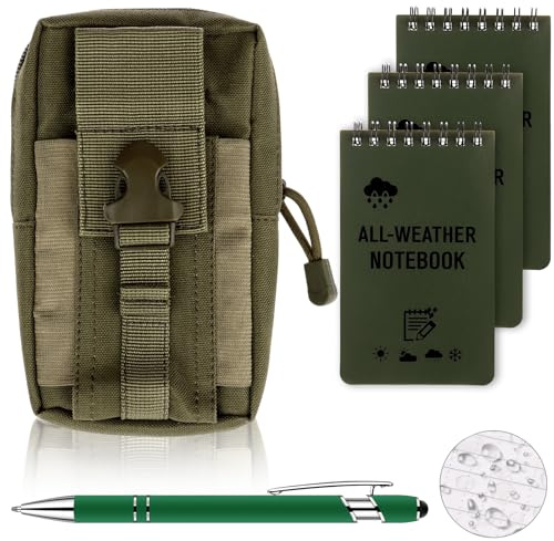 Haiabei 5 Pcs Mini Wasserdichte Notizblock 3 X 5 Zoll Pocket Notizbuch mit Stifte Canvas-Tasche Allwetter Spirale Notizblöcke mit Raster Taktische Steno-Block für Aktivitäten im Freien(Grün)