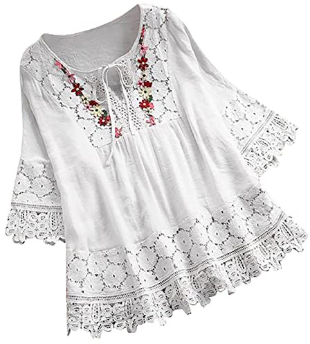 Blouse Femme Chic et élégant Dentelle Chic Sexy Chemise en Coton | à Manche 3/4 Décontracté Blouse Ample à Col V Tunique Pas Cher Grande Taille Laçage Chemise Plissé Blouse de Travail