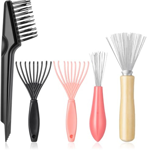 Bürstenreiniger 5 Stück Haarbürstenreiniger mit Holzgriff Rechen und Bürste Kammreiniger-Set Haarbürsten Entferner zum Entfernen Haaren von Kämmen Bürsten Badematten