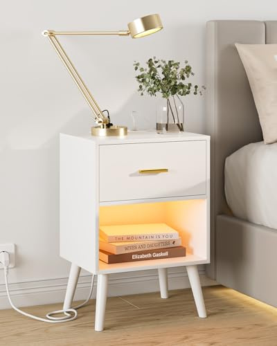 Apetaccat sängbord med uttag, nattduksbord vitt med laddningsfunktion och USB, sängskåp LED med låda, sidobord för sovrum, vardagsrum, vitt