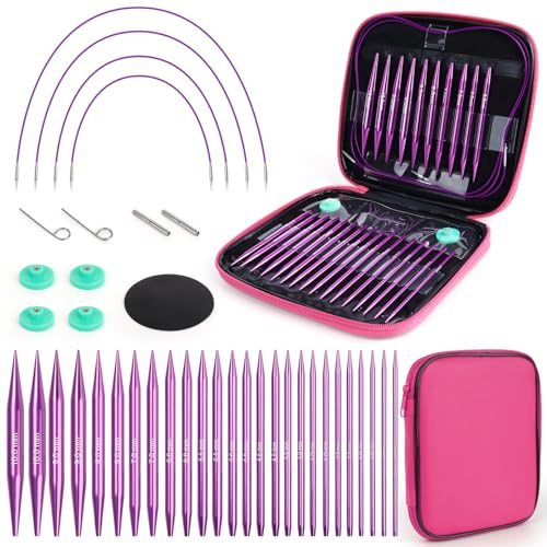 Coopay Auswechselbare Rundstricknadeln Set, 3,0-10,0 mm Rundstricknadeln (4 Längen Verstellbar), Stricknadeln Rundstricknadel mit Aufbewahrungstasche,Austauschbare Rundstricknadel-Lila