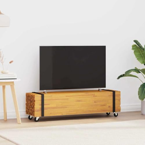 RMIHSJG Massiver Teakholz TV-Ständer Braun 110 x 30 x 30 cm mit verriegelbaren Rädern für Mediengeräte und Deko - Moderner Wohnzimmer Tisch aus Vollholz mit funktionalem Design