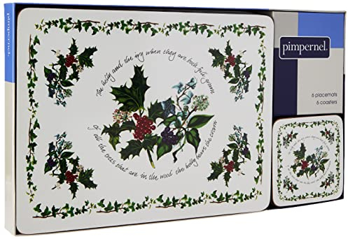 Pimpernel The Holly and The Ivy Lot de 6 Sets de Table et 6 Dessous de Verre, Bois avec Dos en liège, 30,5 x 23 cm et 10,5 x 10,5 cm
