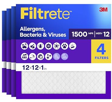 Filtrete 12x12x1 Filtro Aria, MPR 1500, MERV 12, Healthy Living Ultra-Allergeni 3 Mesi Pieghe 1 Pollici Filtri Aria, 4 Filtri