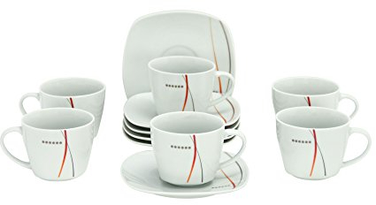 Van Well 6er Set Kaffeetassen 20cl mit Untertassen 14,5cm Acamo Porzellan weiß mit Dekor