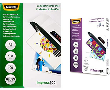 Fellowes ImageLast Laminierfolien (80 Mikron, DIN A4, 100 Stück ) transparent + Laminierfolien (Impress 100 Mikron, DIN A4) 100er Pack