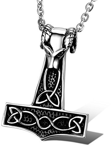 Cupimatch Collana da uomo in acciaio inox con testa di lupo di Thor, martello celtico, ciondolo con catena da 55 cm, argento nero e oro, Acciaio inossidabile, Nessuna pietra preziosa