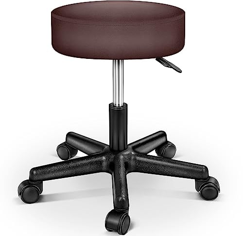 TRESKO Rollhocker höhenverstellbar Braun | Drehhocker 10 cm Dicke Polsterung | Arbeitshocker 360° drehbar | Hocker