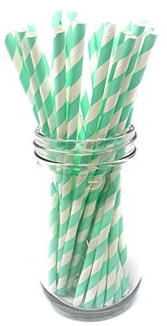 Premium Paper Straws [Pack of 25 Drinking Straws] by Picture Perfect Party (Mint Green Stripes)
