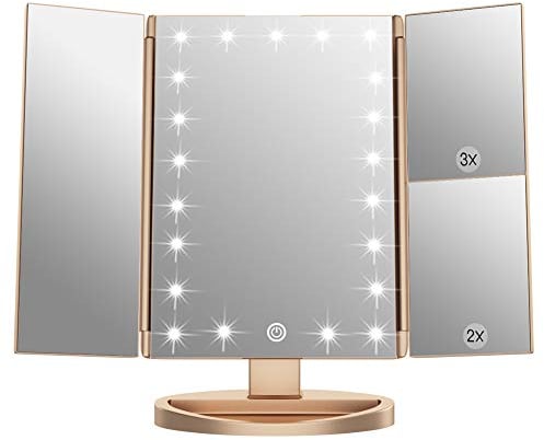 WEILY Schminkspiegel mit Beleuchtung, Faltbare Kosmetikspiegel mit 1X/2X/3X Vergrößerung, Schminkspiegel mit Touch Beleuchtung, Tischspiegel Unterstützung USB und Batterie (Golden)