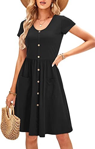 OUGES Women's Summer Short Sleeve Dress V Neck Casual Button Down Midi Ladies Dresses with Pockets(Black395,S)