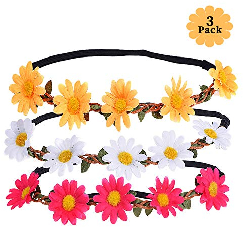 XCOZU Blumenkranz Haare, 3 Daisy Blumen Stirnband Haarband Hochzeit Haarkranz Krone, Haarband Blumen mit Justierbaren Elastischen Band Damen Mädchen für Party Strand Haarreif Blumen Kopfschmuck