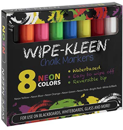Wipe-Kleen Liquid Chalk Board Window Markers, Non Toxic Dry Erasable Pens for Cafe Menu Signs, Blackboard, Whiteboard & Glass- Bullet or Chisel Reversible Tips NEON Color- Set of 8