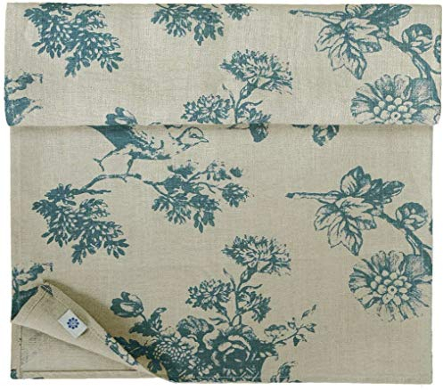 Linen & Cotton Hochwertiger Tischläufer Stoff Tischband Tischdeko Flores mit Blumen Motiv - 100% Leinen, Beige Blau (40 x 100 cm) Vintage Klein Läufer Tisch Couchtisch Deko für Home Küche Esszimmer