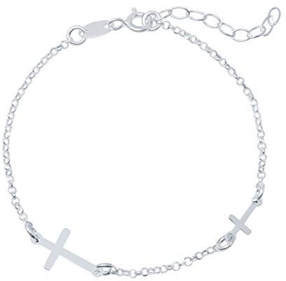 WANDA PLATA Bracelet Deux Croix Catholique en Argent Massif 925 pour Jeunes Filles et Femmes, Bracelet Croix Horizontale avec Chaîne Réglable dans une Boîte Cadeau