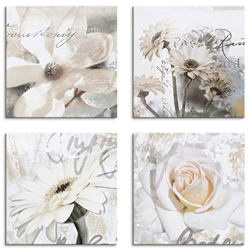 ARTLAND Wanddeko Blumenbilder Leinwand Bilder Set 4tlg. je 30x30 cm Quadratisch Wandbilder Natur Blumen Weiß Magnolie Gerberas Rosen in Buchstaben K2UD