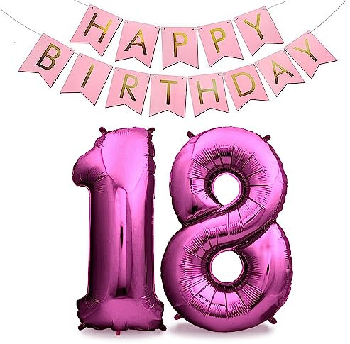 envami® Palloncini Compleanno 18 Anni Rosa 101 CM - Palloncino Numero 18 + Happy Birthday Ghirlanda - Numeri Gonfiabili Compleanno - Decorazioni Compleanno - Palloncino 18 Anni Compleanno