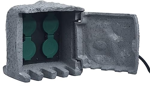 vidaXL Gartensteckdose 4-fach Wasserfest mit 1,5 m Kabel Universalstecker Steinoptik Außensteckdose Steckdose Steinsteckdose Kunstharz Grau